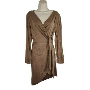 Anna Kaci Surplice V-neck Dress Faux Wrap Sheath Jersey Knit Women Size L Brown